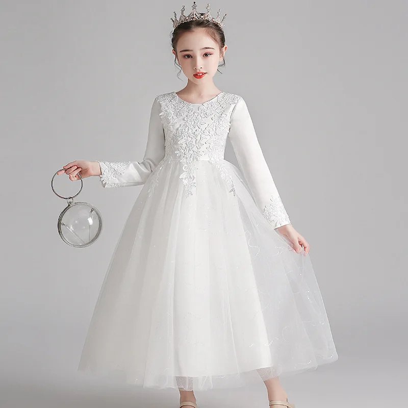 

Beads Tulle Flower Girl Dress Pageant Evening Party Wedding Dresses For Girls Long Gown Birthday Princess Communion Costumes