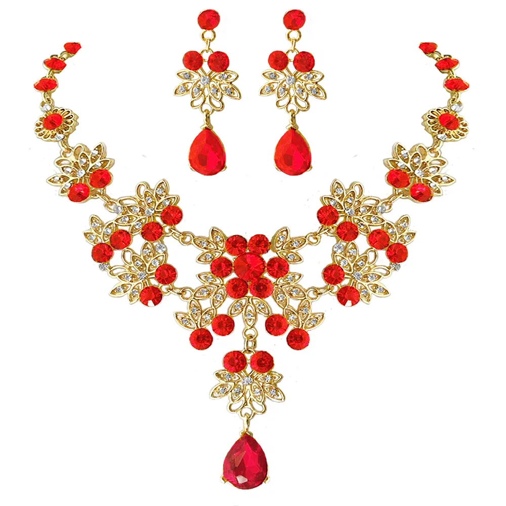 2Pcs Red Set Барокко Винтаж золото Красный Зеленый Синий Кристалл Свадебные Ювелирные наборы ожерелье серьги корона с гребнем африканские бусы Ювелирные наборы - Окраска металла: 2Pcs Red Set