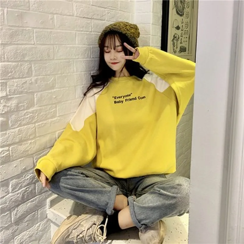 

M-xl 3 Sizes Letter Embroidered Casual Loose O-neck Patckwork Fashion Top Female Women College Wind Sweatshirt