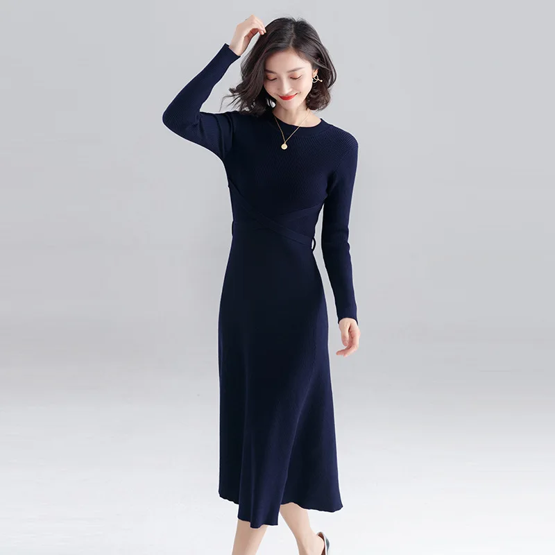 Тёмно-синий INNASOFAN knitted dress women Autumn Winter long-sleeved dress Euro-American fashion chic dress solid color - Цвет: Тёмно-синий