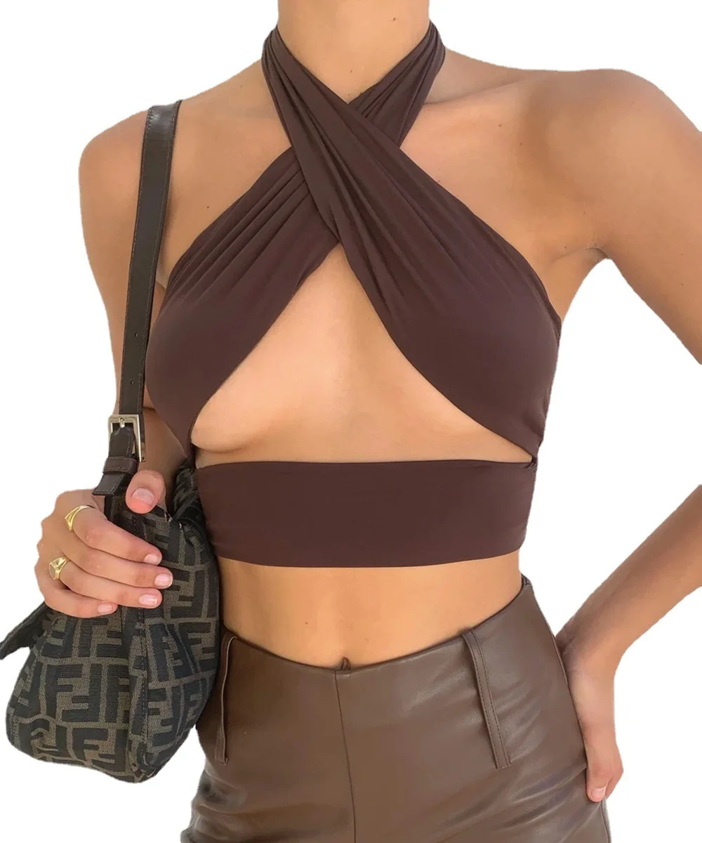 

Women Crop Top Sexy Hollow Out Top Women 2021 Summer New Fashion Solid Color Cross Lace-up Halter Wrapped Top Donsignet