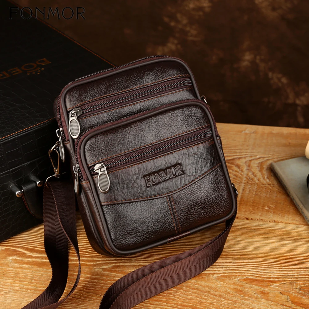 Мужская нагрудная сумка Fonmor повседневная из 100% натуральной кожи на молнии с