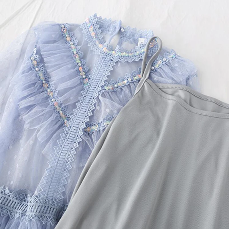 

2021 Spring Summer 2 Pieces Women Dress Flare Sleeve O Neck Mid Calf Dot Print Sweet Mesh Dress Female Lace Party Dress Set