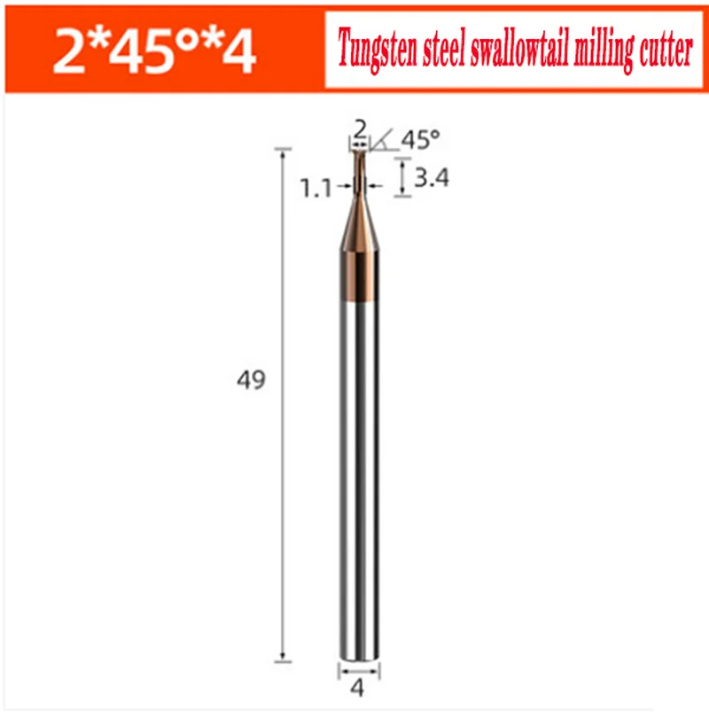 

55Degree Carbide Tungsten Steel Swallowtail Milling Cutter 45Degree Chamfering 2*49*4*3.4