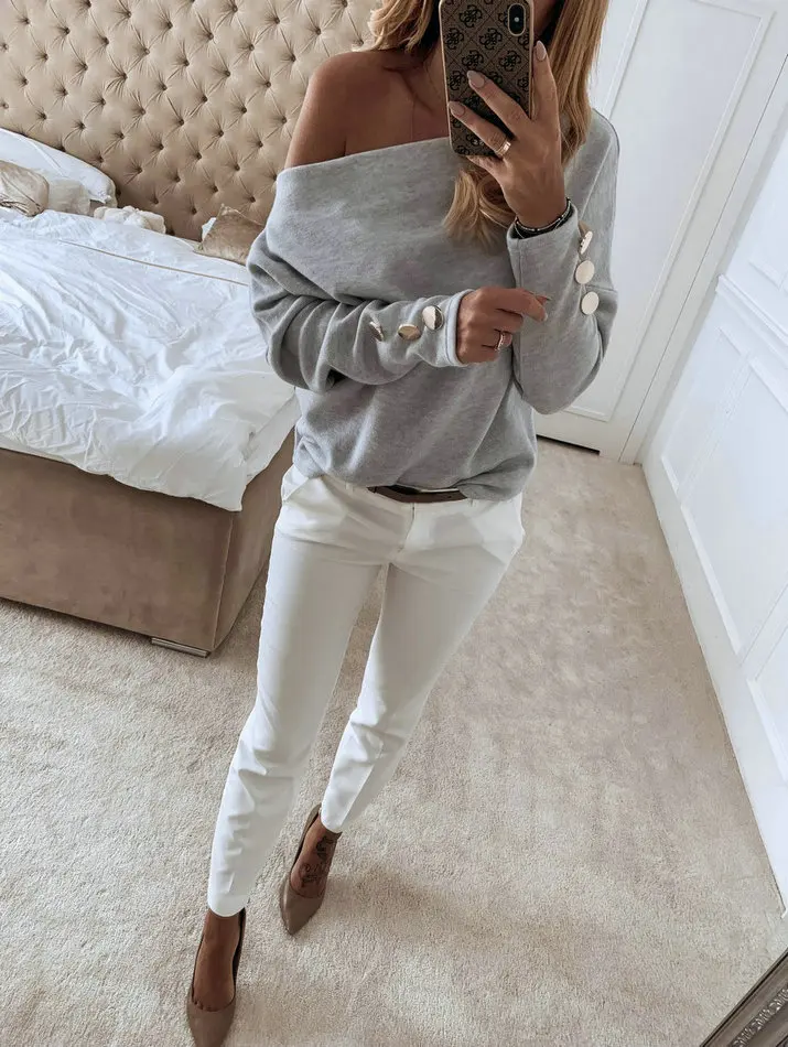 

Fashion Women's Solid Knitted Sweaters Autumn Winter Sexy Off Shoulder Long Sleeve Tops Button Pullover