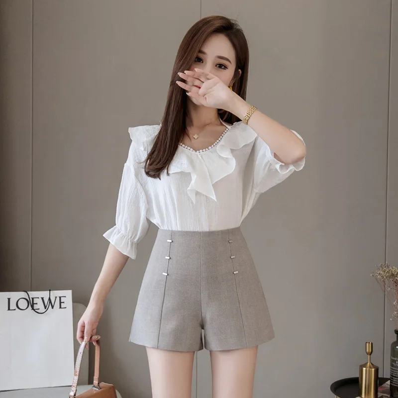 Женские повседневные свободные шорты с высокой талией однотонные для работы