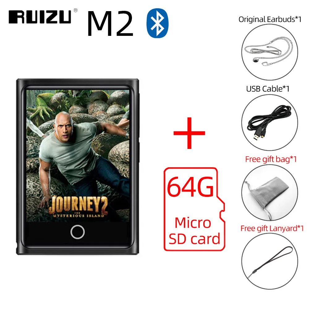 With 64GB TF Card RUIZU M2 Bluetooth MP3 плеер полный сенсорный экран 8 ГБ 16 ГБ портативный аудио музыкальный плеер с fm-радио запись электронная книга видео плеер - Цвет: With 64GB TF Card