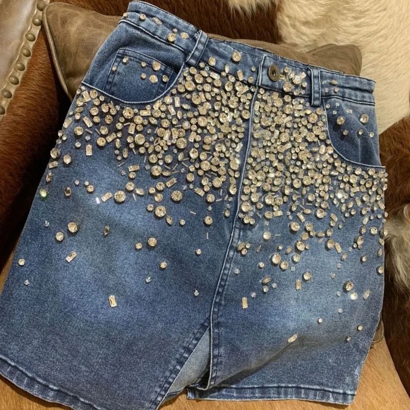 High Quality Denim Skirt Women Design Luxury Diamonds High Waist A-Line Split Skirts Office Ladies Sexy Slim Fit Wrap Mini Skirt