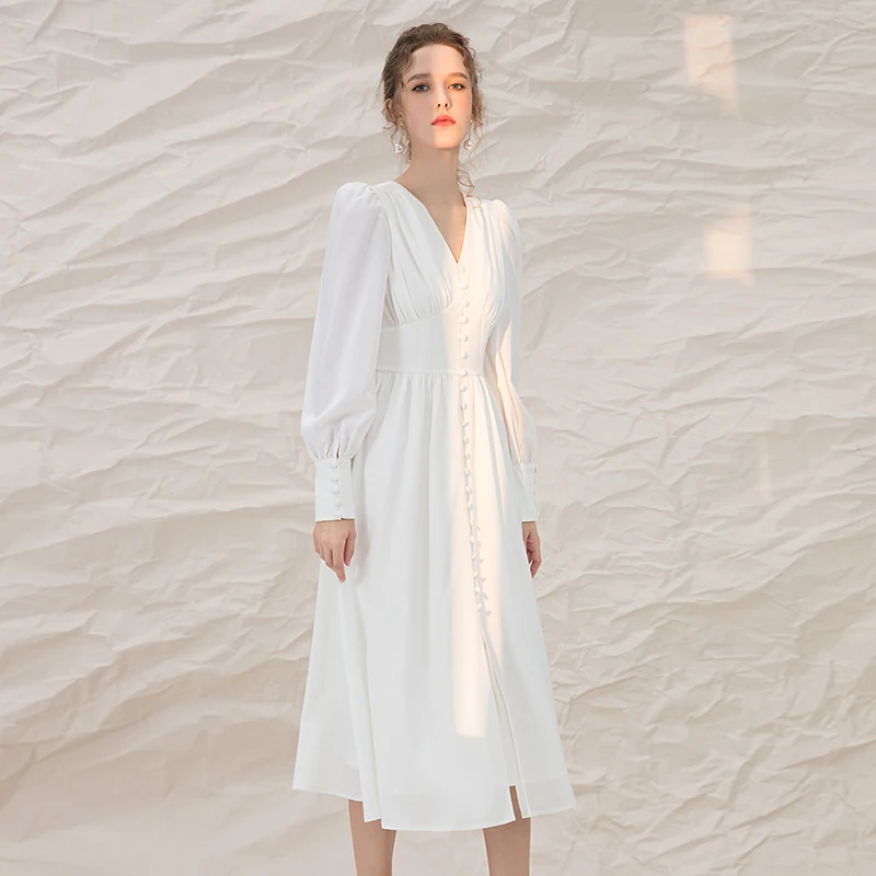 YIGELILA Autumn Fashion Women White Long Dress Elegant V-neck Lantern Sleeve Dress Empire Slim Solid Dress Mid-length 66947