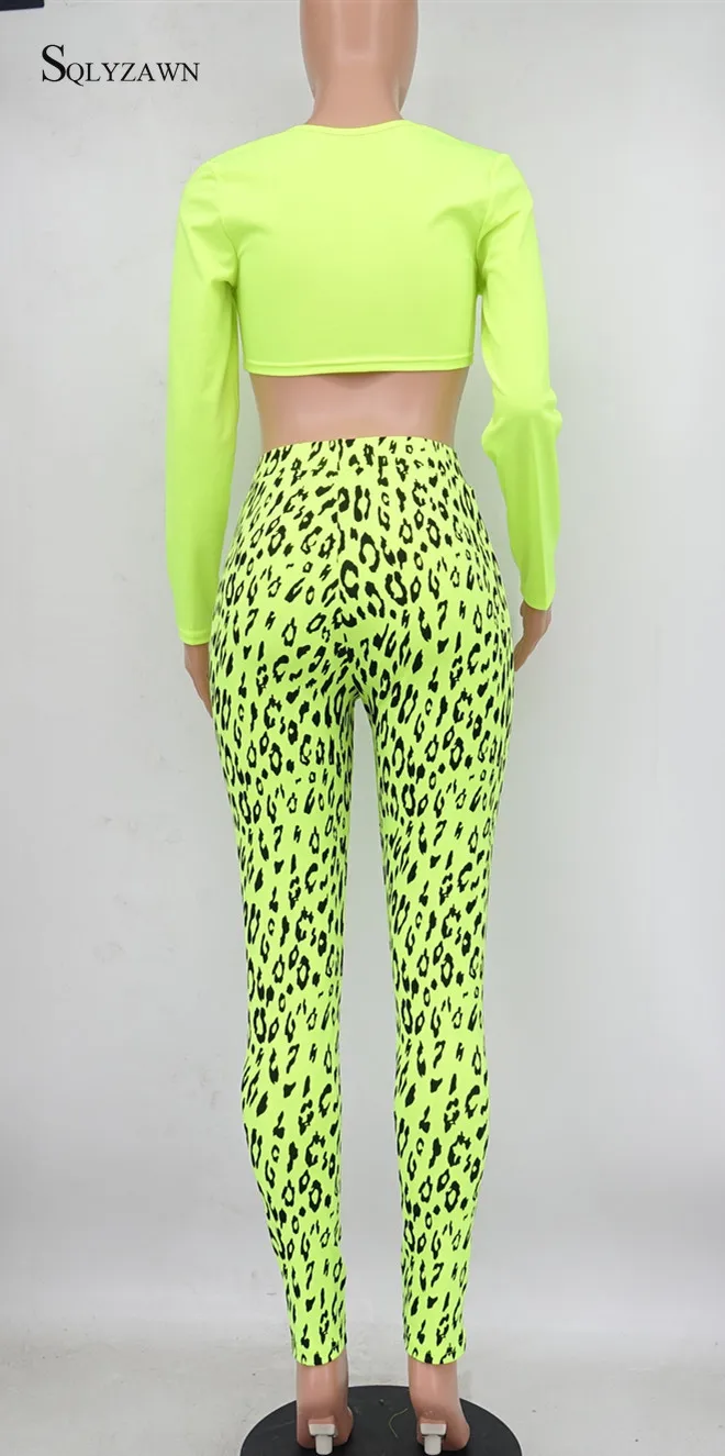 

Sexy Two Piece Set Women Matching Sets Club Outfits Leopard Print Neon Green Fitness Set Crop Top and Lenggings Tracksuit 2019