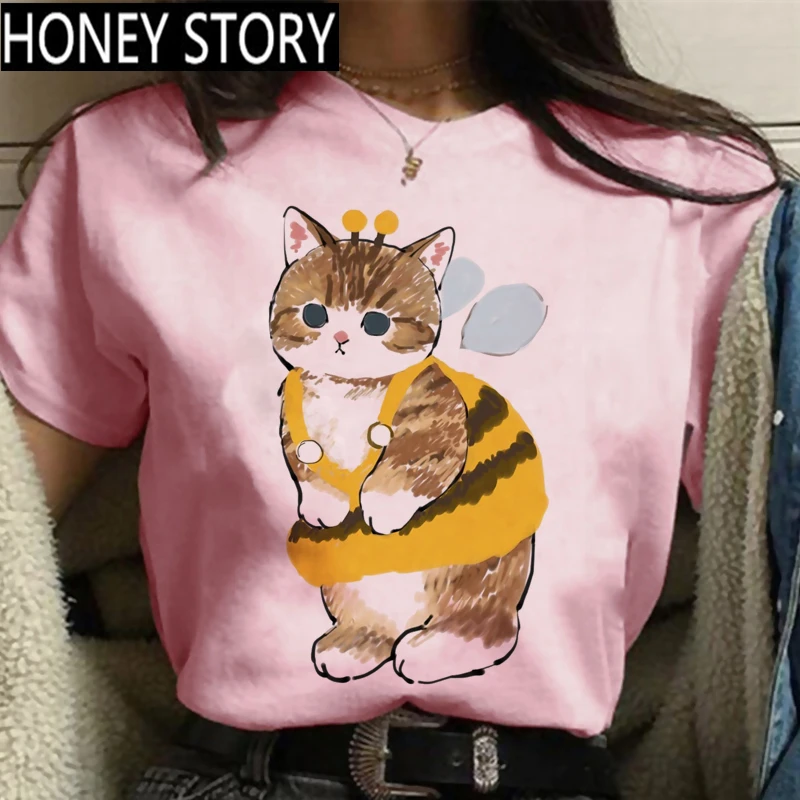 

Женская футболка с милыми котами из мультфильмов, футболка в Корейском стиле Харадзюку с изображением кота, футболка в стиле аниме, футболк...