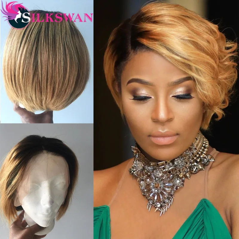 Silkswan короткие стриженые парики бразильские человеческие волосы remy индивидуальные 150% 13*4 парик на кружеве 1b/27 для черных женщин боковая часть