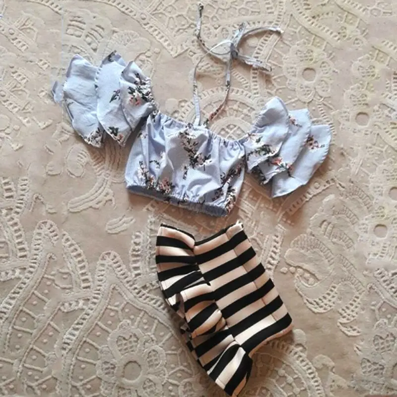 Летняя детская одежда для маленьких девочек с открытыми плечами топы цветочным