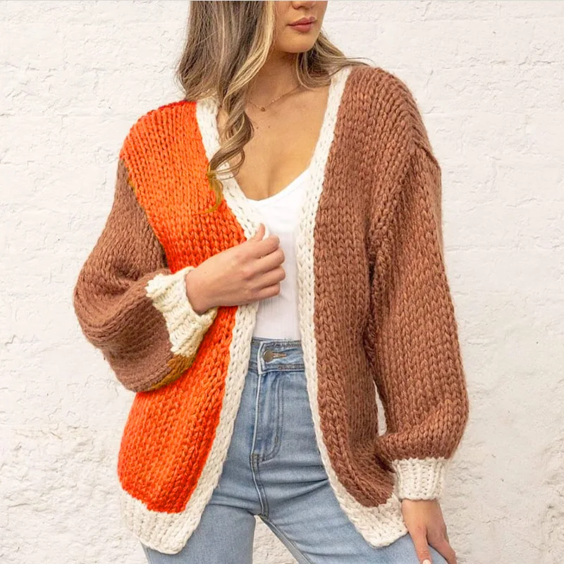 

2021 casual knitted cardigan color matching long-sleeved sweater women
