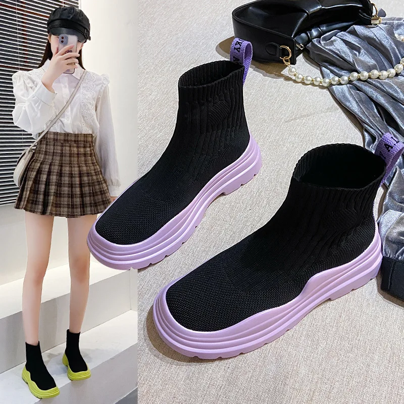

Women 2022 Autumn Winter New Fashion Mesh Breathable Chelsea Boots Elasticity Shoes Ankle Sock Boots High Platform Short Boots