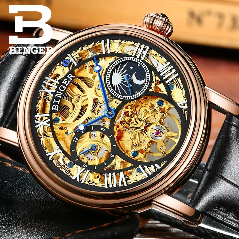 Швейцария БИНГЕР часы для мужчин люксовый бренд Tourbillon Relogio Masculino водостойкие Скелет механические часы B-1171-3