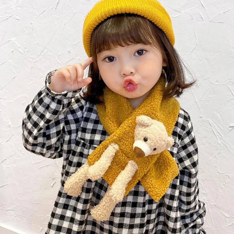

Korean Faux Lamb Wool Knit Children's Scarf Cute Cartoon Bear Baby Collar Winter Thicken Boy Girl Warm Neck Guard Scarves O21
