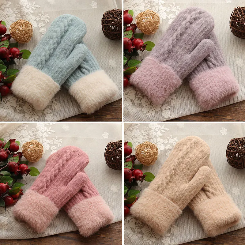 

Plus Velvet Gloves Thicken Twist Knitted Mittens Warm Full Finger Gloves Double Layer Gloves Outdoor Cycling Woolen Mittens