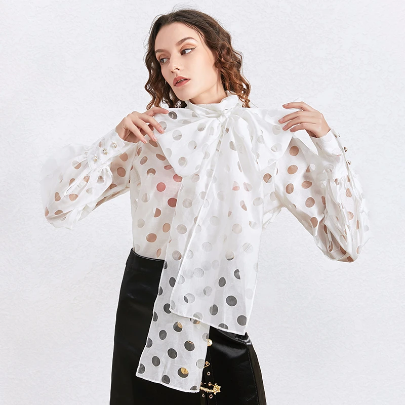 Женская блузка в горошек SISPELL со шнуровкой и бантом прозрачная рубашка с