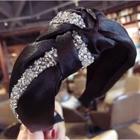 bulk rhinestones headband for women top quality headdress black satin fabric crystals chain decorated hairband knot hair hoop