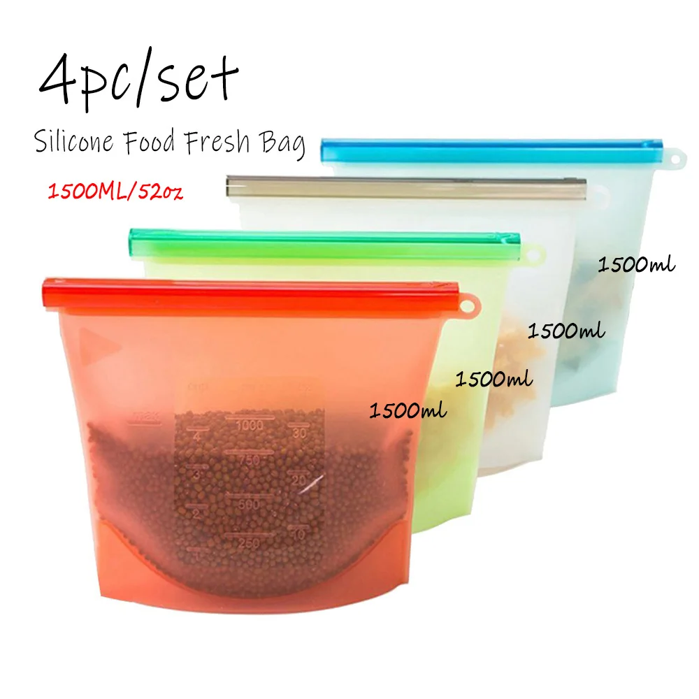 4PCS-1500ML 4 шт. 1500 мл многоразовая печать, силиконовый Пакет для свежего питания, вакуумный упаковщик, пакеты для хранения фруктов, мяса, молока, кухонные принадлежности - Цвет: 4PCS-1500ML