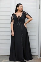 stylish lace appliqued plus mother of the bride dresses with long sleeves v neck beaded side split evening gowns floor length