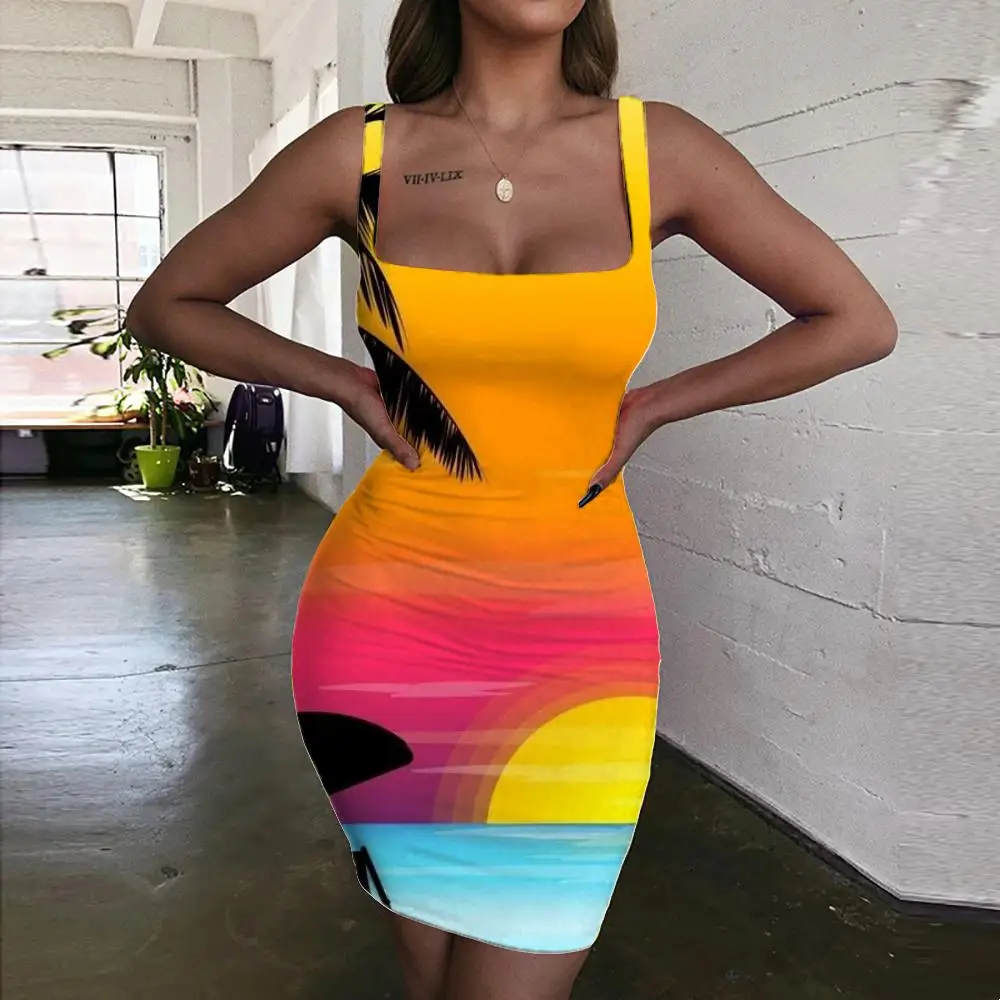 

Женское облегающее платье KYKU, Пляжное Платье с кокосовым деревом и 3D-принтом, лето 2019