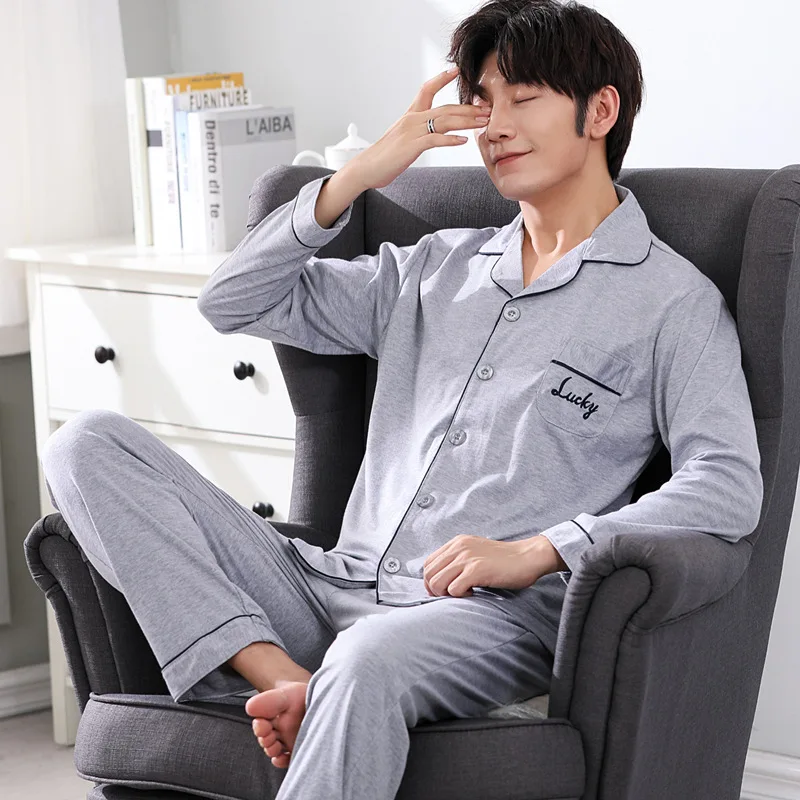 Мужская Хлопковая пижама LYun серый Домашний Светильник с длинными рукавами