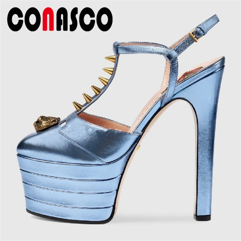 

Сандалии CONASCO женские с заклепками, модные пикантные туфли-лодочки с Т-образным ремешком, обувь на платформе для свадьвечерние НКИ, высокий ...