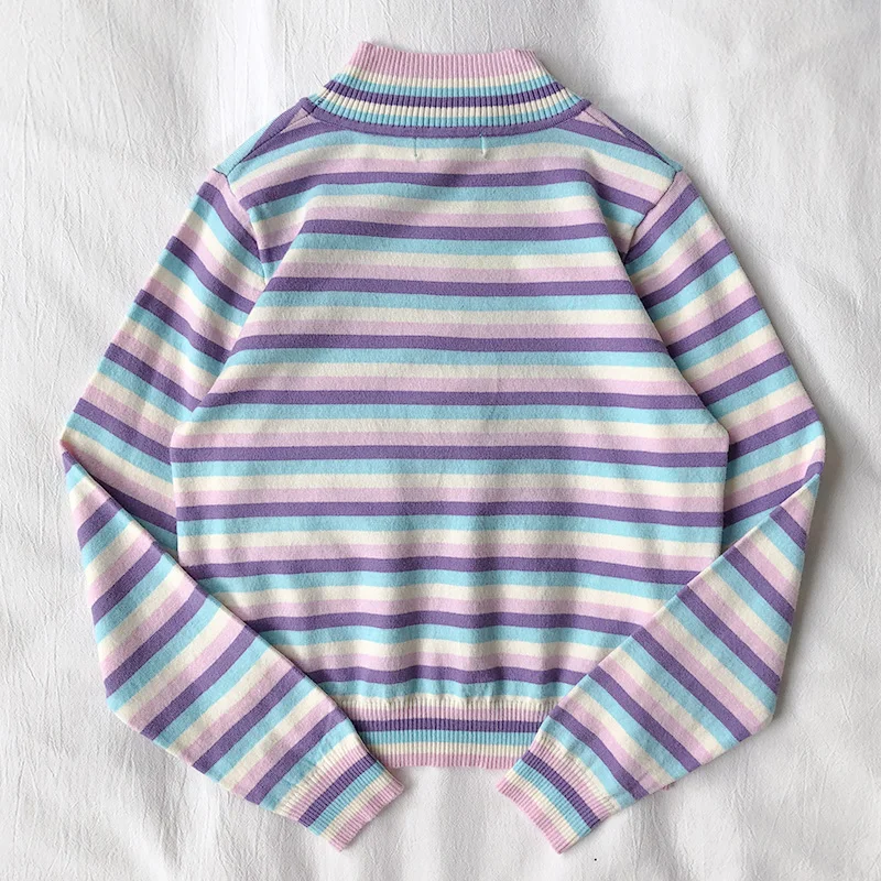 Новинка 2019 тонкий Радужный вязаный свитер полосатый стрейчевый с высоким