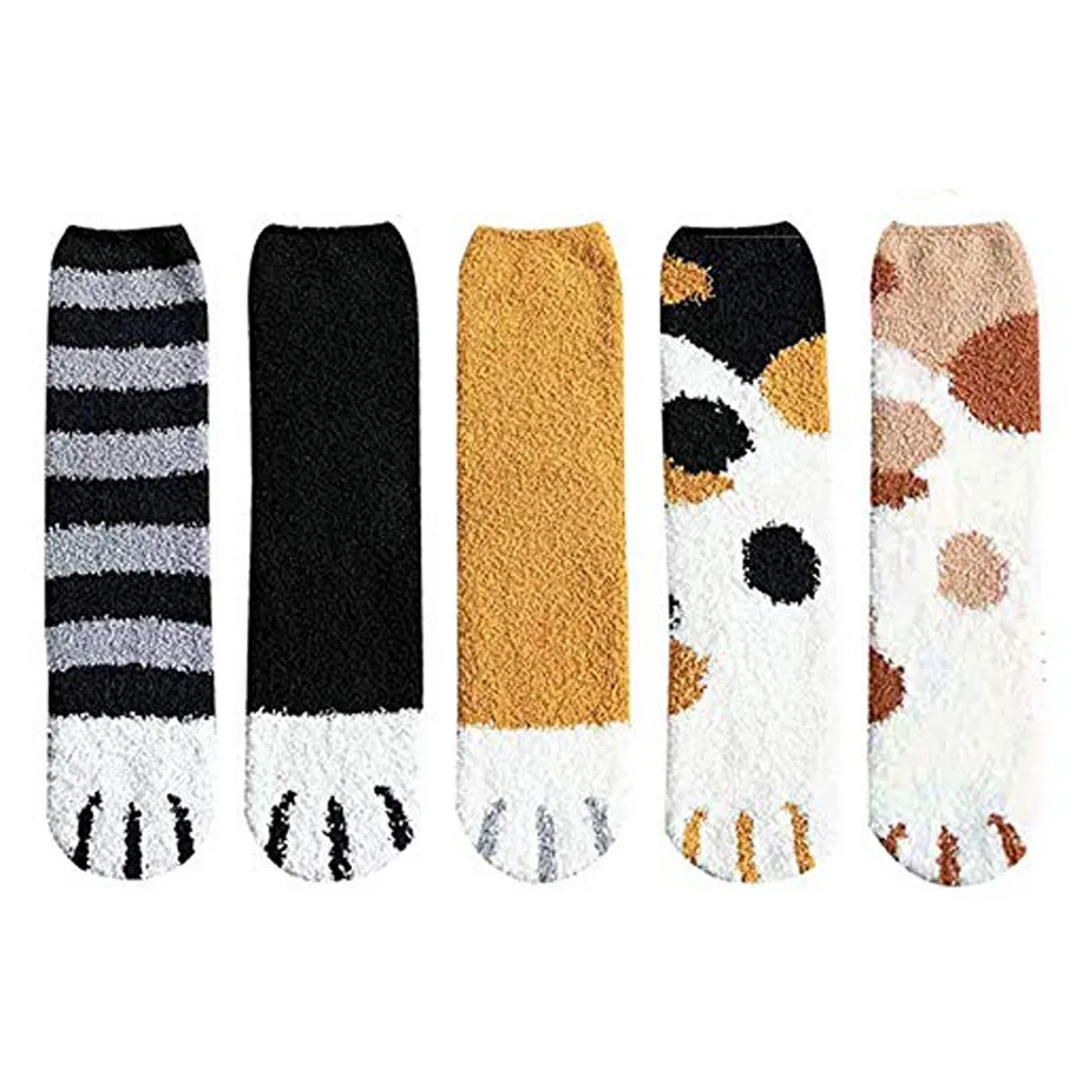 5 пар Женская симпатичная кошачья лапа носки из кораллового флиса уплотненные