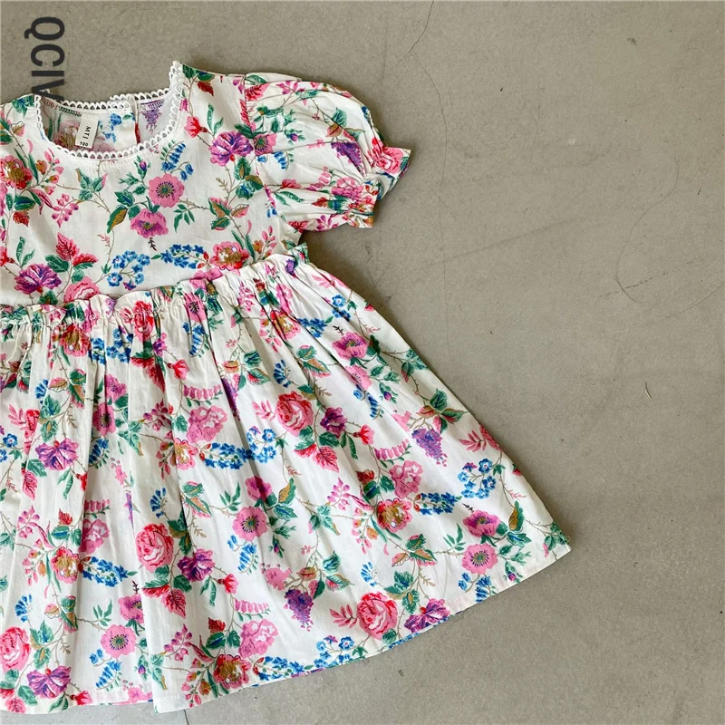 

Summer girls rose printing short sleeve dresses 1-6 years cotton casual loose little princess dress