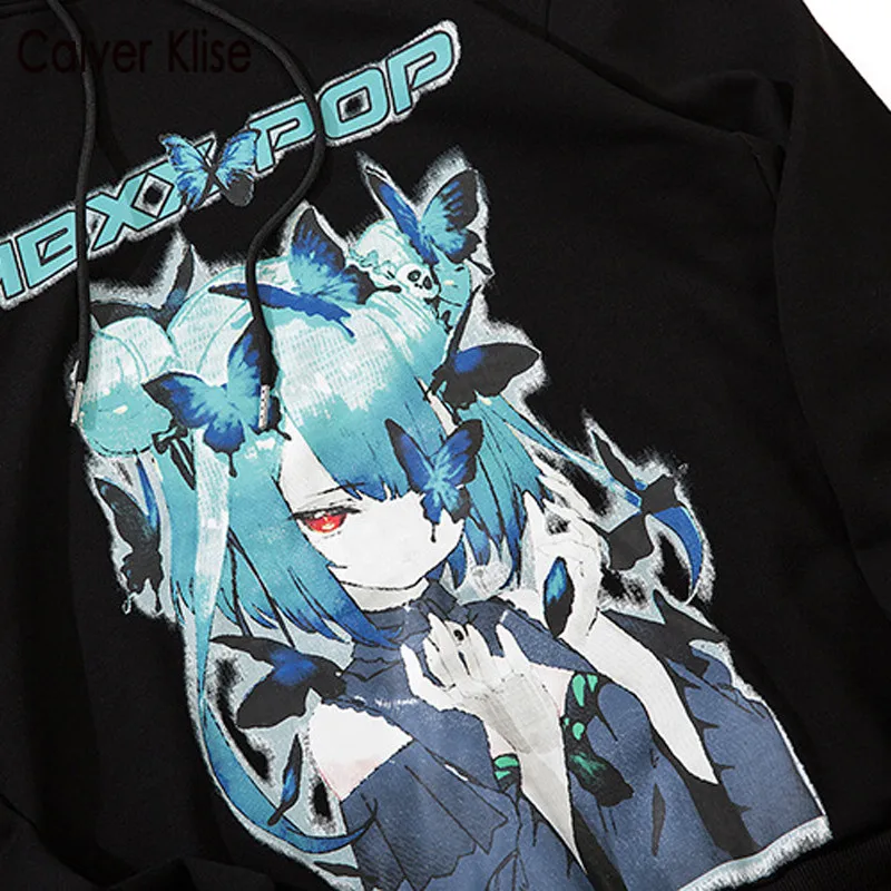 

Calver Klise Japanese Anime Girl Butterfly Print Hoodie Sweatshirt Harajuku Hip Hop Streetwear Men Oversize Pullover Tops