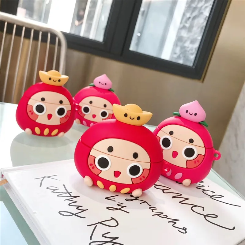

For Apple Airpods pro 2 1 Cute Cartoon 3D Red Peach Doll Bluetooth Wireless Silicone Case Charging Headphone Case Cover Keychain
