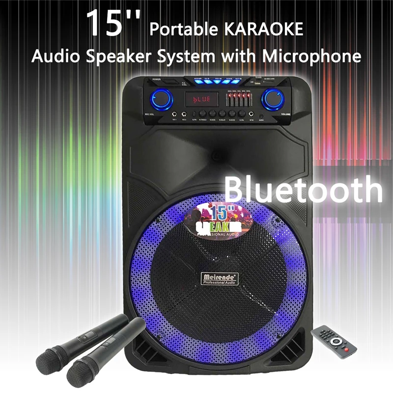 Altavoz port&aacute;til HIFI con Bluetooth para KARAOKE, sistema de Subwoofer de Audio para DJ, con luz LED, 2 micr&oacute;fonos y funci&oacute;n remota TWS, 15 pulgadas-1
