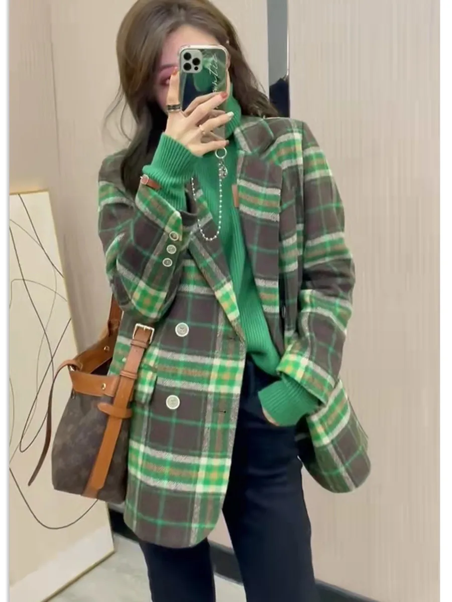 Autumn and Winter 2021 New Quilted Suit Jacket Women Wild Thick Fried Street Contrast Green Plaid Top Tide Blazer Women