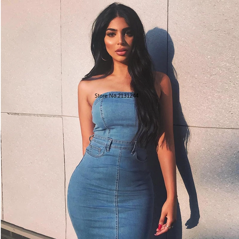 Женское джинсовое платье без бретелек Элегантное летнее сексуальные вечерние