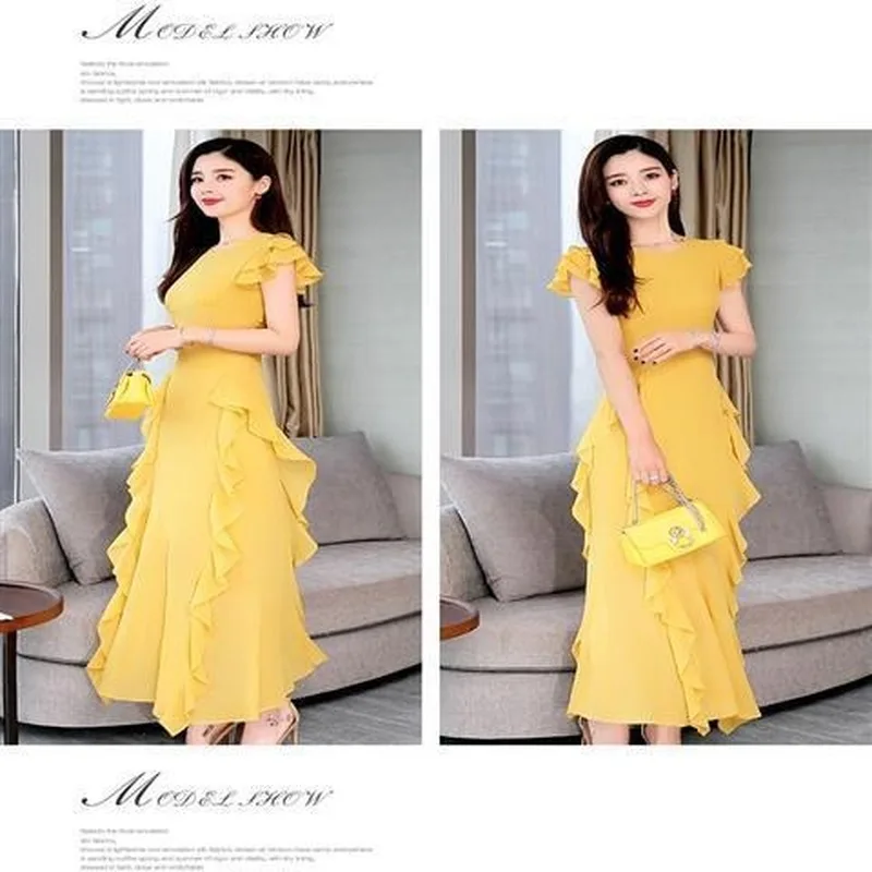 

2020 New Summer Women Chiffon Solid Slim Dress Female Butterfly Sleeves O-neck Ball Gown High Waist Long Dresses Vestidos H74