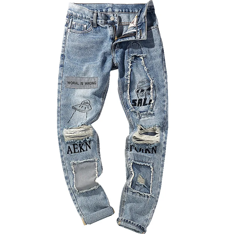 

2021 fashion printed ripped hole patch Loose beggar men's jeans Korean style trend summer summer thin pants casual pants