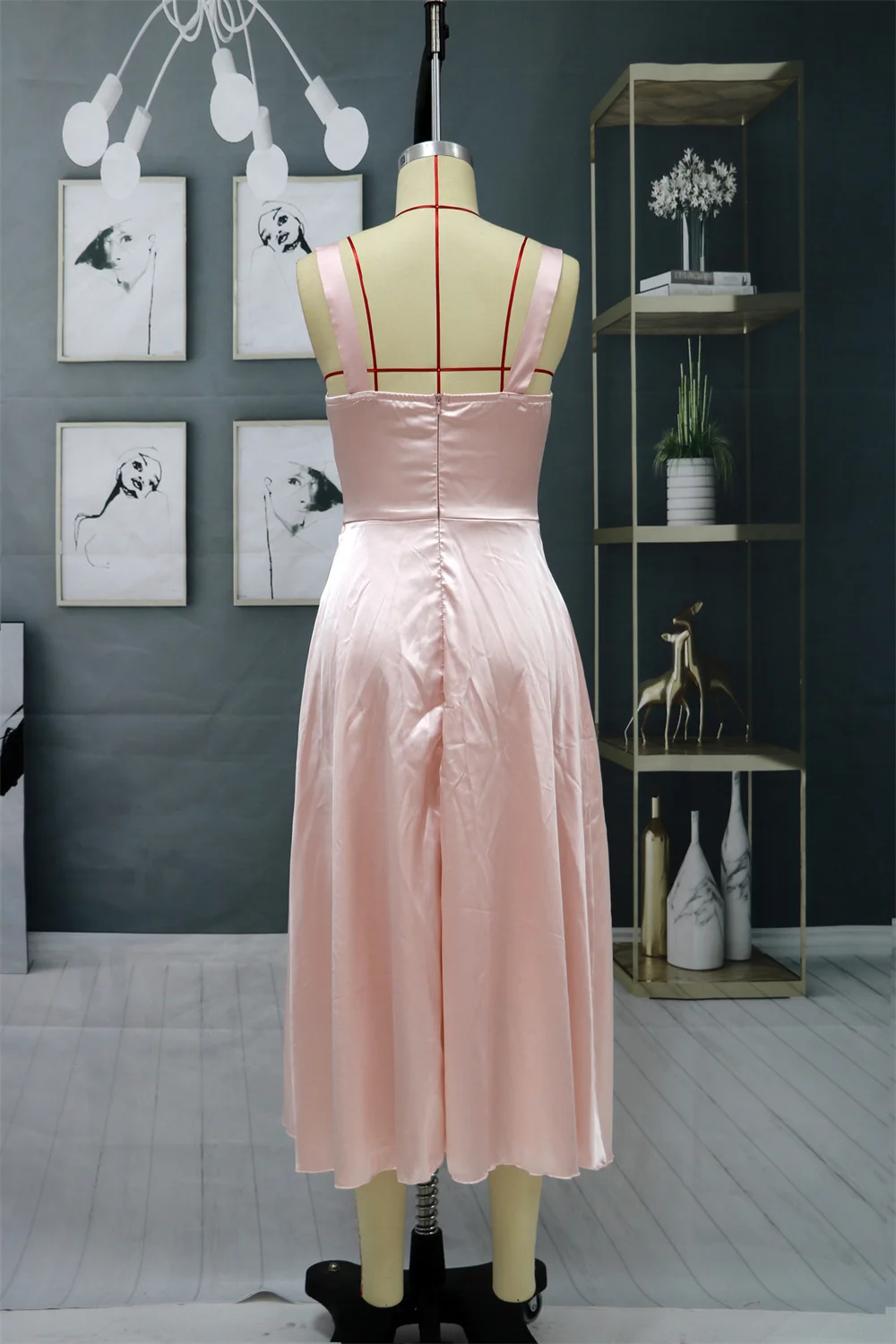 MisShow Sexy Solid Pink Satin Midi Women Dress Spaghetti Straps Open Back Night Club Party Dresses Female Robe De Femme | Женская одежда