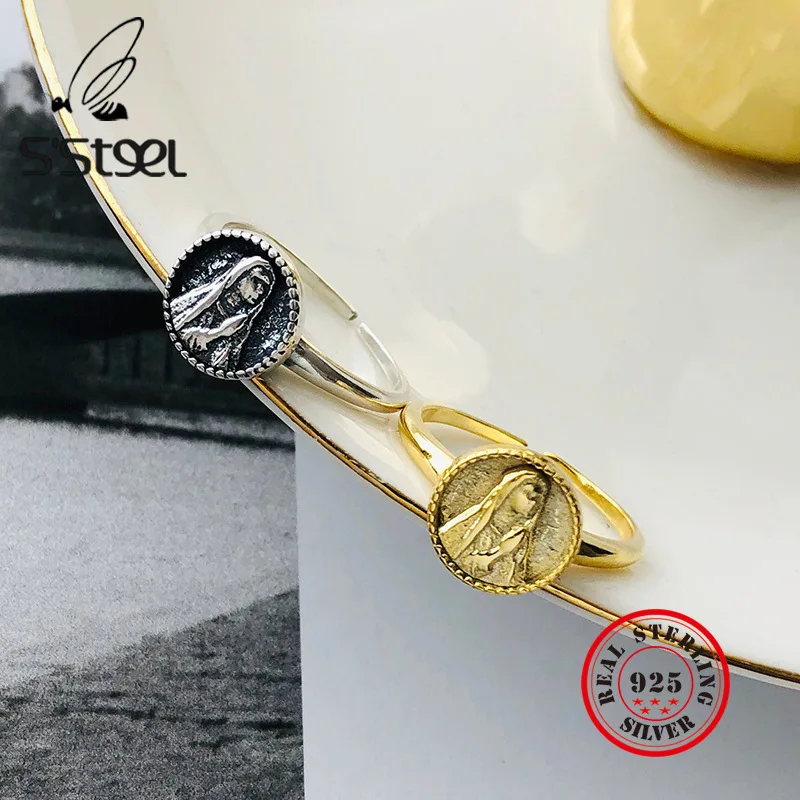 

S'STEEL Ring For Women Sterling 925 Silver Round Portrait Vintage Gold Opening Rings Anillos Plata 925 Para Mujer Jewellery