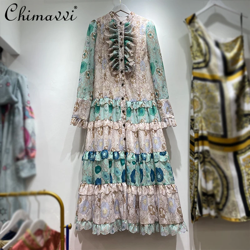 

European Style French Vintage Court Maxi Dress Women 2021 Spring Fashion Stringy Selvedge High-end Dress Long Sleeve Fairy Dress