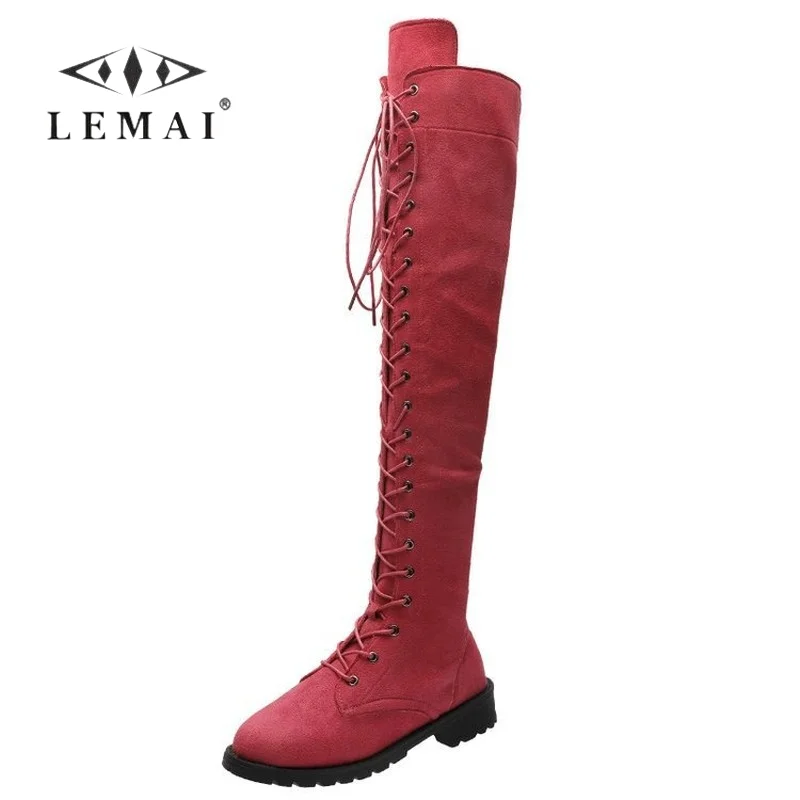 

52 cm Women's Over The Knee Boots Winter Warm Plush Casual Chunky Heel Shoes for Women 3 cm Rubber Sole Cross-tied Suede Boots