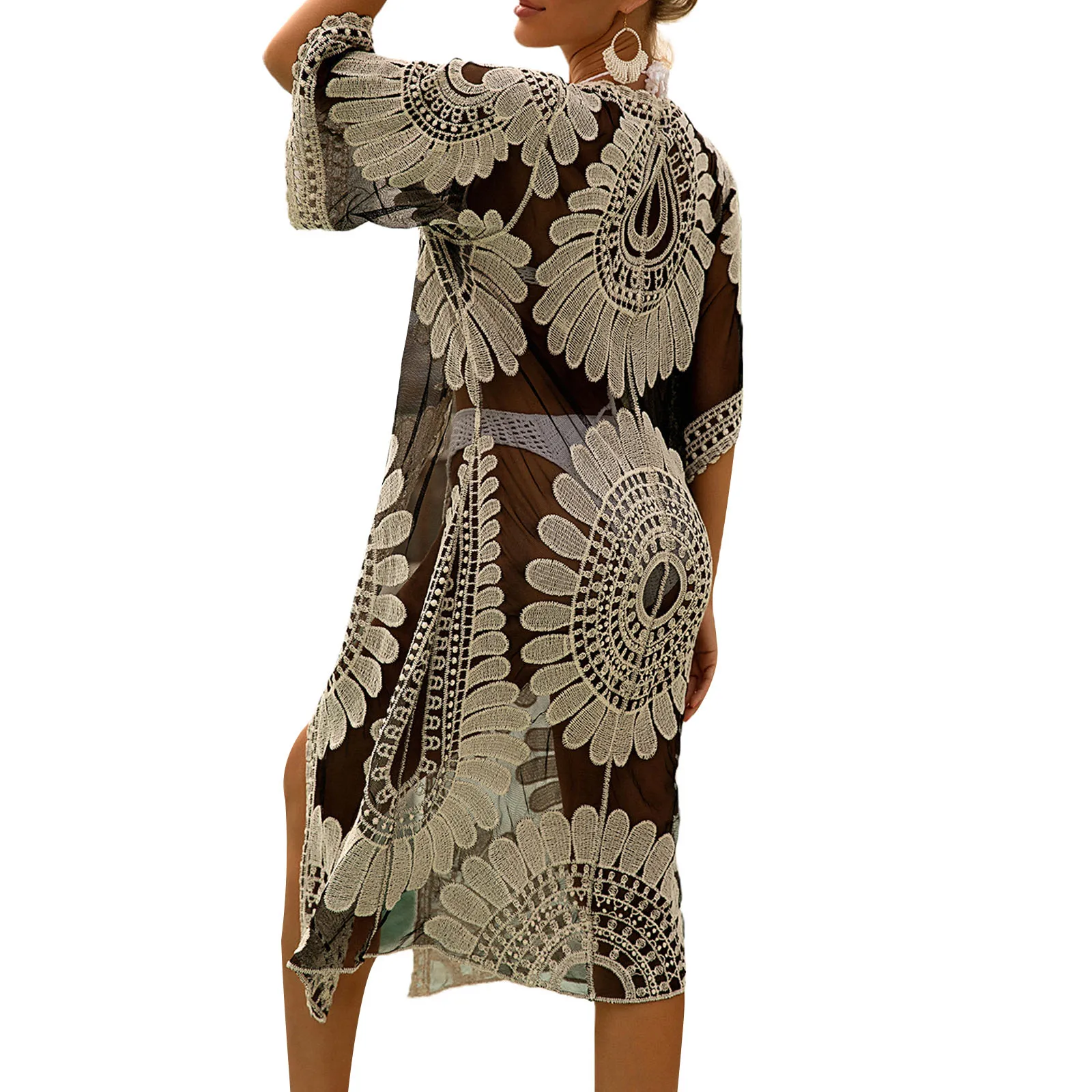 

Women's Long Swimsuit Cover Up Half Sleeve Floral Crochet Open Front Kimono Beach Cardigan