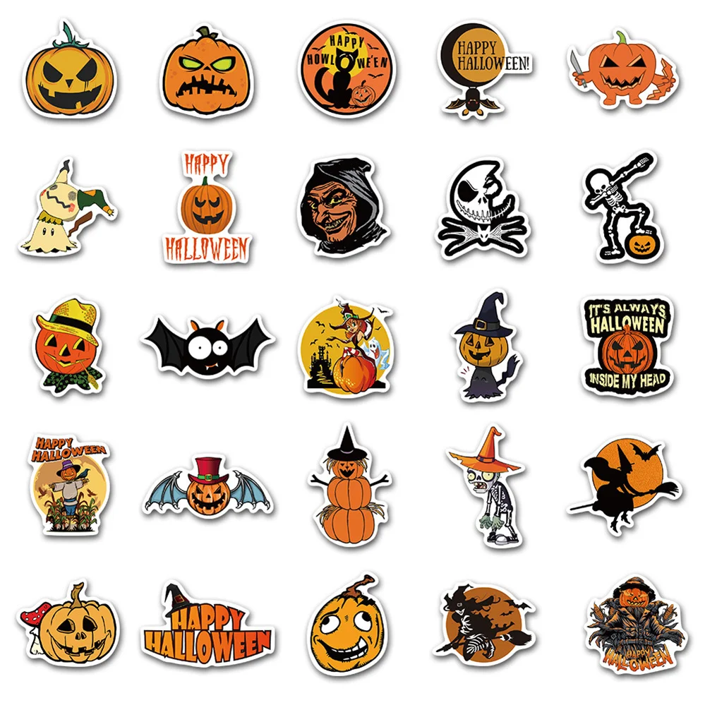 Pegatinas de cabeza de calabaza de dibujos animados, juguetes de decoraci&oacute;n de guitarra impermeables de grafiti para Halloween, 10/30/50 Uds., venta al por mayor-3