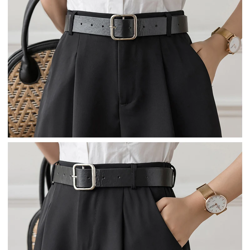 

Women Shorts Summer Casual Solid Belt High Waist Womens Black Loose Thin Suit Wide Leg Pants Women Pantalones Cortos De Mujer