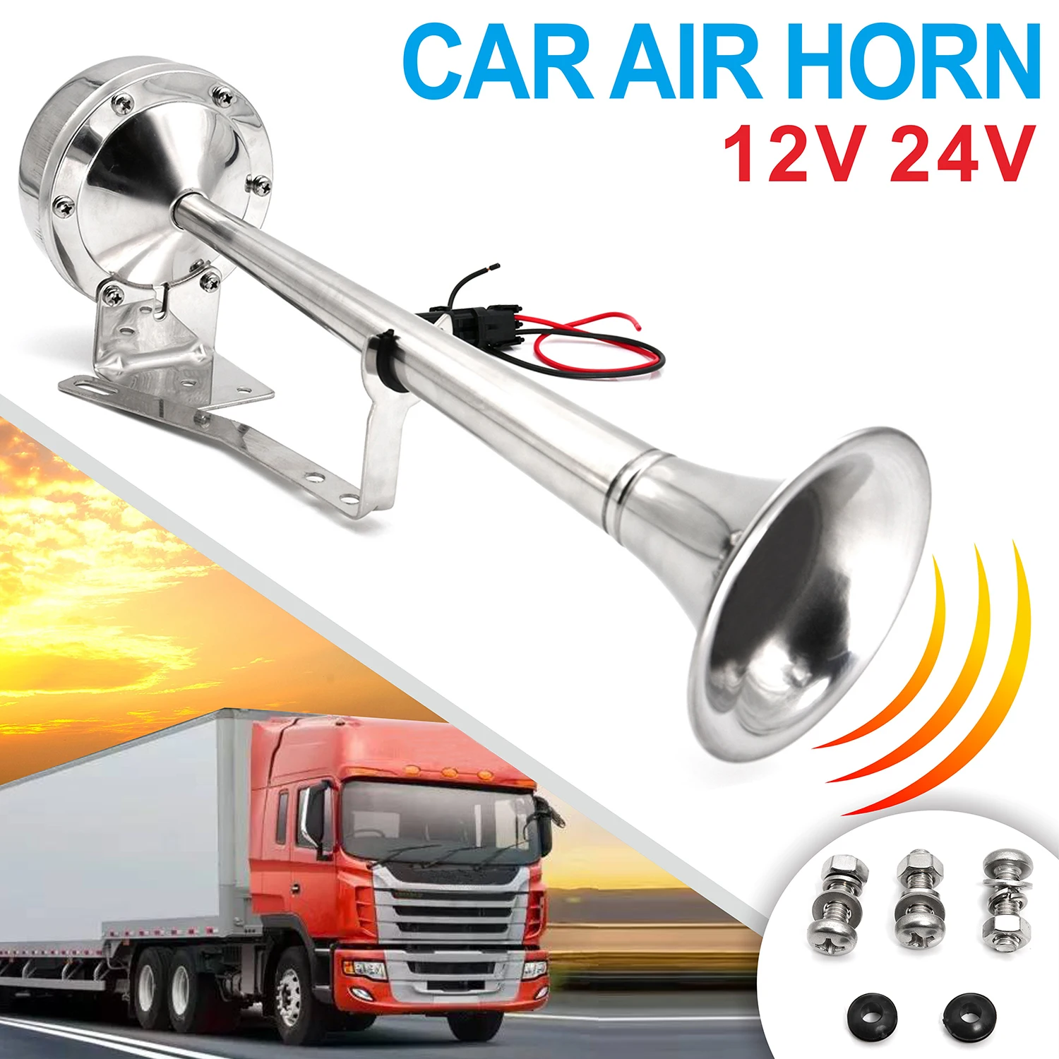 

12V/24V Super Loud Universal Air Horn Single Trumpet Chrome Compressor For Car Truck Boat Motorcycle Loud Horn Car Silver