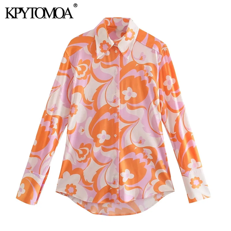 

KPYTOMOA Women 2021 Fashion Printed Asymmetric Blouses Vintage Long Sleeve Button-up Female Shirts Chic Tops