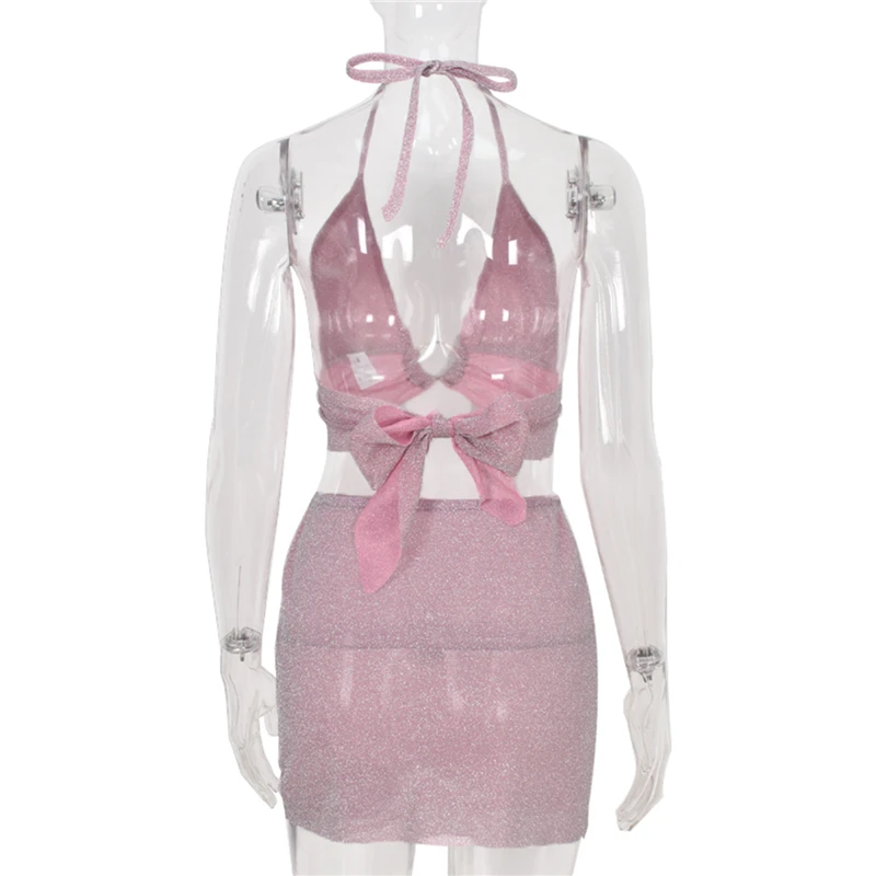 

Womens Sexy Camisole and Skirt Suit Glitter Solid Backless Tops and High-waist Short Skirt Women Two Piece Outfits Clothes