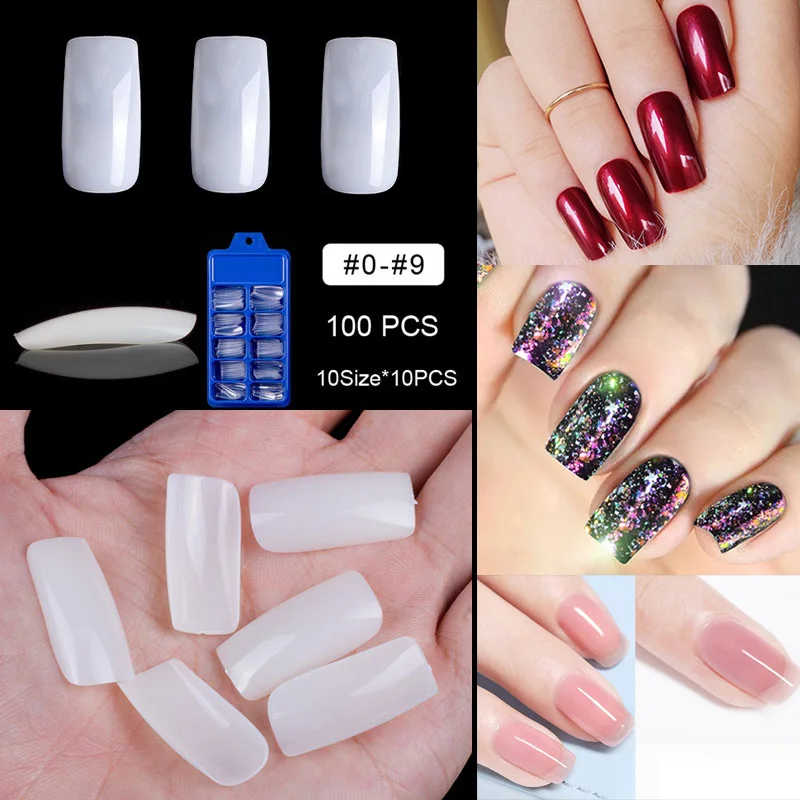 

Square Shape Long Full Cover 100 Pieces Per Box False Nail Tips 10 Size Manicure Fake Nail Tips Natural White Transparent Nail